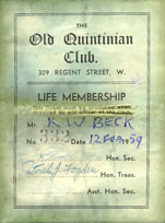 Old Quintinians Club membership card belonging to K. W. Beck, dated 12th February 1959