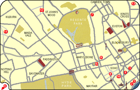 Map of North West London with locations of the school in the past marked on it.